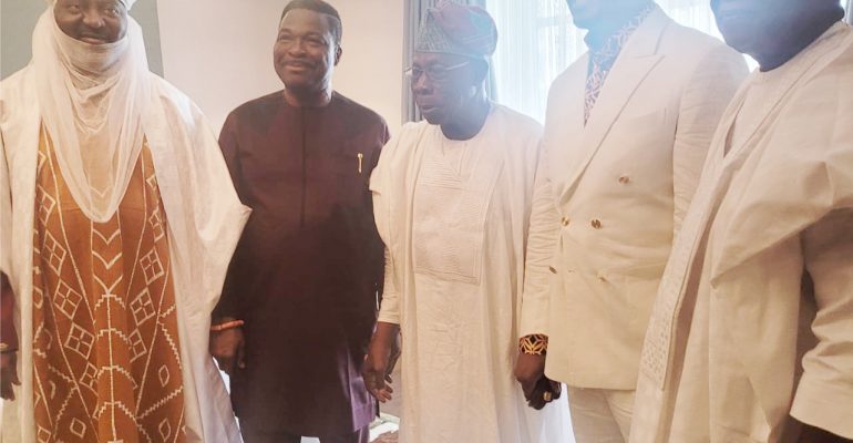 Prof Mike Ozekhome, SAN, CON, OFR, Ph.D, and Dr Stanley Uzochukwu (Stanel), welcoming President Olusegun Obasanjo, GCFR, Emir of Kano, Alhaji Aminu Ado Bayero, to the official commissioning of Delborough, Lagos.